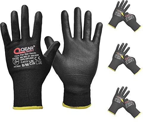 QEARSAFETY 3 Pairs Cut 5 Resistance Work Safety Gloves,HPPE/GlassFiber Yarn Knitted, Thin PU Palm Coated, Multi-Function, General Purpose, Cut Protect (Large)