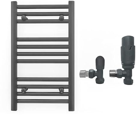 300mm Wide Straight Anthracite Grey Heated Bathroom Towel Rail Radiator With Valves For Central Heating UK (With TRV Angled Valves, 300 x 600 mm (h))