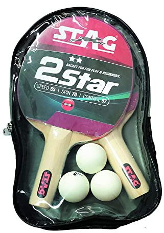 STAG 2 Star TT Playset with White Balls | Size: 2 Rackets & 3 Balls | Material: Wood | Color: Multi-Color | ITTF Approved | Speed: 55 | Spin: 70 | Control: 97 | Lightweight Paddle with Flared Grip