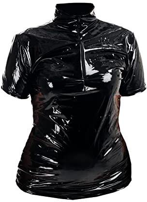 Rubberfashion Lack Hemd - Glanz Lack Kurzarm Tshirt - sexy Shirt für Damen und Herren Lack schwarz L