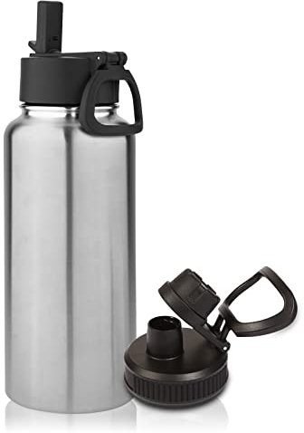 Volhoply 1 Litre Insulated Water Bottle with Straw Lid and Spout Lid,Stainless Steel Sports Water Bottle,Double Wall Vacuum Tumbler,Leakproof Metal Flask with Wide Mouth for Hiking,Camping(Silver,1)