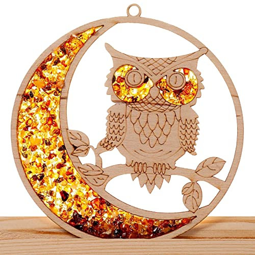 POMMERNTRAUM ® | Bernstein Sonnenfänger Suncatcher Fensterdeko Fensterbild Eule Uhu Vogel Vögel
