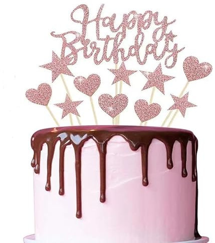 Birthday Cake Topper,Rose Gold Cake Decorations Birthday Cupcake Toppers Glitter Cake Topper Banner with Heart Star for Birthday Party Anniversary Wedding