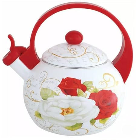 Luckyberg Emailliert Retro Teekessel Induktion, Edelstahl Pfeifkessel, Teekessel für alle Kochplatten, Flötenkessel mit Bequemer griff, Wasserkocher für Tee & Kaffee, 2l (Rot)
