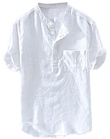sutelang lurryly Chemise Lin Homme - Chemise Homme Manches Courtes Et Col Mao éTé Bouton Mode Chemisier Couleur Unie DéContractée Hauts Léger Et Respirant Chemisette Coton et Lin Homme