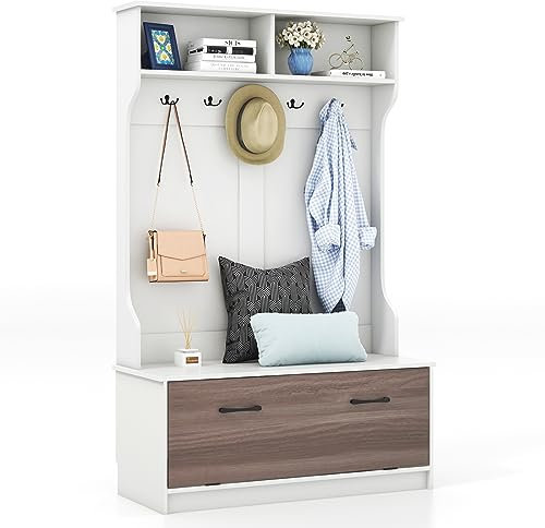 Costway Porte Manteaux 4 en 1, Meuble d'Entrée avec Banc à Chaussures à Porte, 5 Crochets, 4 Compartiments, Vestiaire pour Salon, Entrée, Couloir, 100 x 40 x 160 cm (Blanc)