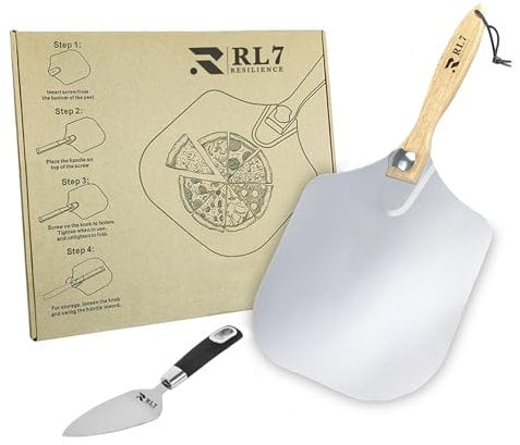 RL7 Pizza Peel 12X14 Inch Aluminum Metal Pizza Paddle with Foldable Wood Handle for Easy Storage - Pizza Peel Set Oven Tools for Baking Homemade Pizza Bread, Cookies & Cake (30x36cm)