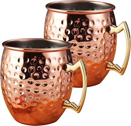 Hygge Moscow Mule Copper Mugs, Genuine Copper Cups for Moscow Mules, Real Copper Mugs & Cups, Handcrafted Solid Copper Mug Cup- Hammered Finish, Gift Set of 2 Large Size 16 Oz (Gold)