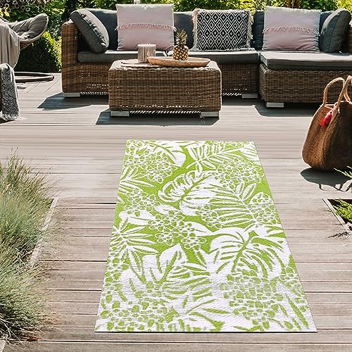 Teppich-Traum Wasserfester Outdoor Teppich wetterfest Plastik Kunststoff Gartenteppich Campingmatte Picknick Läufer Blätter-Design hell-grün 90 x 150 cm
