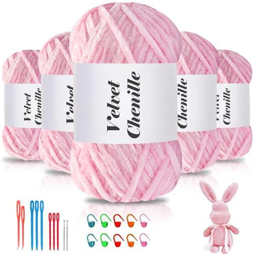 Maxee 500g(5×100g) Samtig Babywolle, Samt Chenille Garn mit Häkelwerkzeuge, Kuschelweich Velvet Chenillegarn Flauschige, Weich Plüschwolle Häkelgarn Wolle zum Stricken & Häkeln-Hellrosa