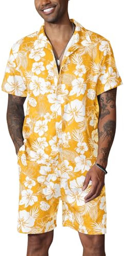 Fastkoala Herren Hawaii Set Outfit Trainingsanzug Männer Zweiteiler Anzüge Sommer Strand Urlaub Geblümt Hemden Shorts Gelb XL
