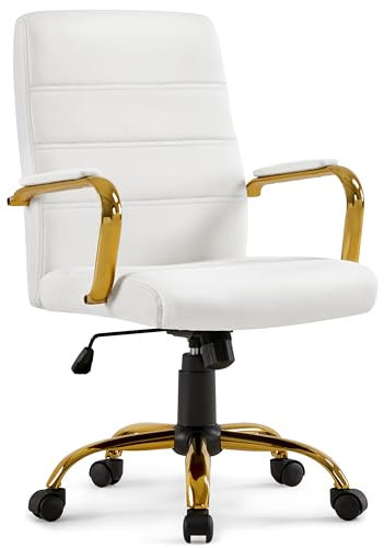 Yaheetech Faux Leather Office Chair Mid-Back Computer Desk Chair w/Lumbar Support Swivel Chair w/Gold Leg White Seat for Home