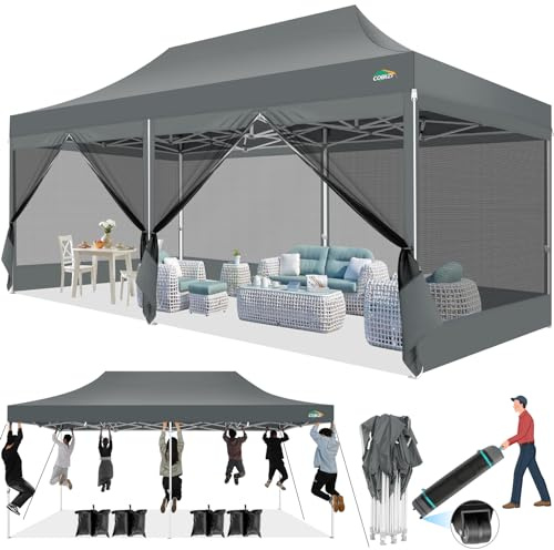 COBIZI Pavillon 3x6m Faltpavillon 3x6m Wasserdicht Stabil, Pop up Pavillon Faltbar, Partyzelt Gartenpavillon, Pavillion Klappbar UV-Schutz mit 6 Seitenwänden aus Mesh, Grau
