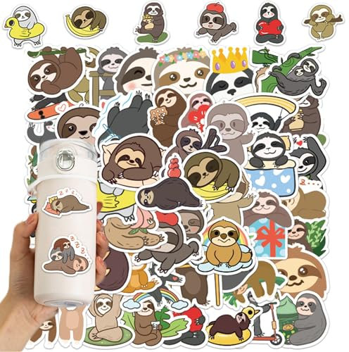 50 Stück Faultier Aufkleber, Sloth Aufkleber Cartoon Tier Aufkleber Wasserdicht Vinyl Stickers für Auto Fahrrad Motorrad Skateboard DIY Scrapbooking Spielzeug Deko