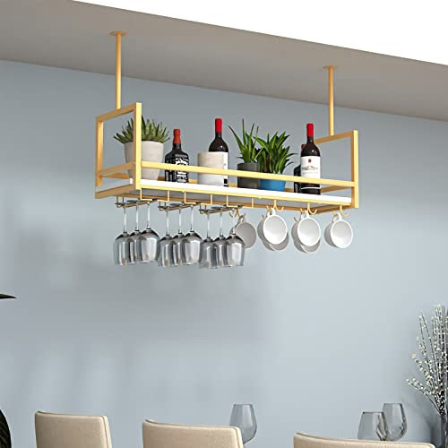 Portabottiglie per vino con ringhiera, portabottiglie da vino a soffitto, portabottiglie da vino in legno metallico sospeso con portabicchieri da vino, per cucina bar/caffetteria/120 * 30 * 60 cm