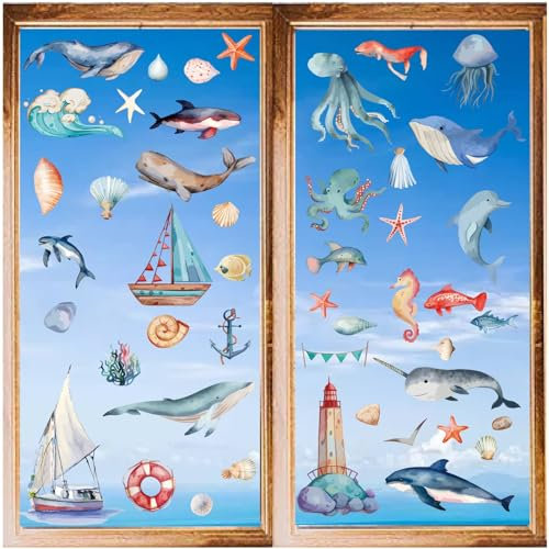 craspire 8 Blatt Fensteraufkleber Mit Meer- Und Ozeanmotiv, Wal, Delfin, Segelboot, Seestern, Leuchtturm, Wandaufkleber, Abziehen Und Ankleben, PVC, Wasserfest, Selbstklebend, Dekor Für Schlafzimmer