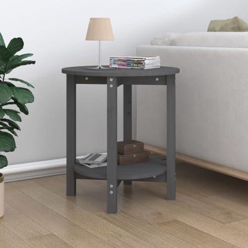 Homvdxl Couchtisch aus Holz mit 2 Etagen für Wohnzimmer, Φ55 cm, rund, rustikaler Couchtisch mit Ablage, kleiner Couchtisch für Wohnung, kleine Räume | Grau