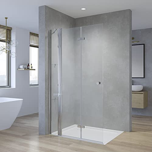 Duschabtrennung faltbar Dusche 140 x 187 cm Walkin Duschwand Glas rahmenlos Falttür Drehfalttür mit Festteil und Eckregalen Begehbare Glaswand Sicherheitsglas Echtglas 5 mm klar | ohne Magnetprofil