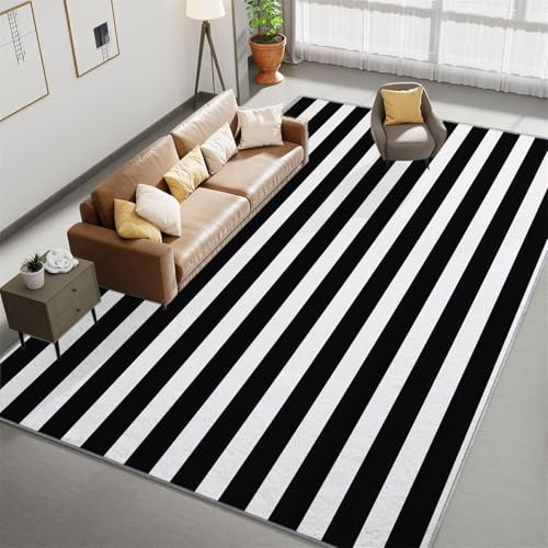 Teppich Wohnzimmer 160x230 cm Waschbarer Teppich, Schwarz-Weiß Gestreifte Geometrie Teppich Schlafzimmer, Schwarz-Weiß Teppich, Teppich Kurzflor für Wohnzimmer Schlafzimmer kinderzimmer