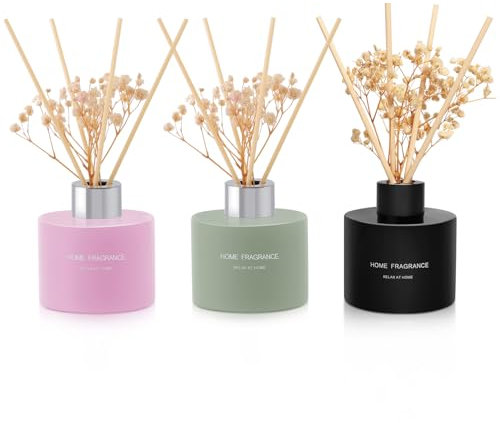 L'odeur Vill Raumduft Reed Diffuser 120ml×3, Luxus Aromaduft mit 18 Duftstäbchen, Langanhaltender Duft für Wohnzimmer Schlafzimmer Bad Büro, (Vanille/Jasmin Lilie/Amber)