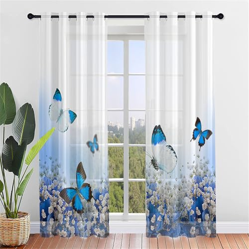 Odot Halbtransparente Vorhänge, 3D Schmetterling Muster Voile Vorhang mit Ösen 2er Set Gardinen Vorhang Ösenvorhang Fensterschal Moderne Vorhänge Fenster (140x160cm,Blau Schmetterling)