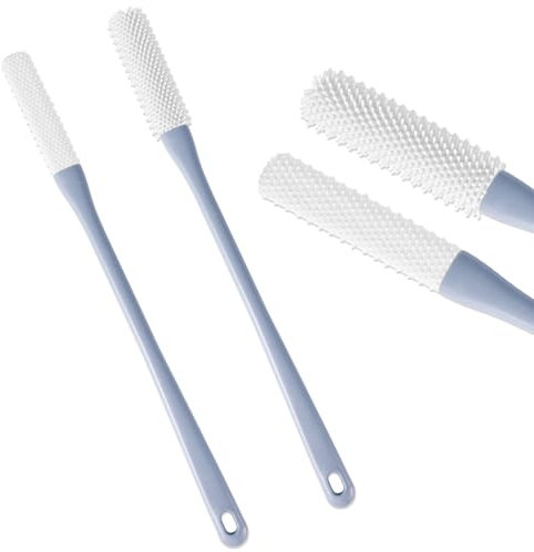 2pcs Toe Seam Massage Brush, Long Handle Foot Scrubber Brush Soft Rubber Foot File Toe Gap Cleaning Brush Foot Applicator for Seniors Elderly Men Women (Grey)