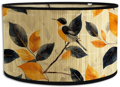 Morbuy Abat-Jour en Bambou, Abat-jour Tambour de 30cm Motif de Fleurs et d'oiseaux Abat-Jour Rechange pour Lampe de Table/Chevet, Suspension, Lampadaire, Décoration d'intérieur (Jaune B)