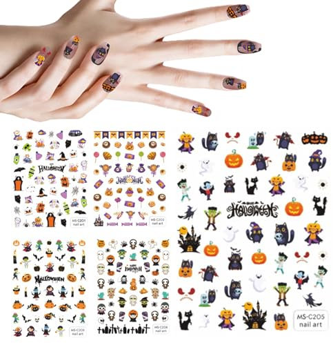 Halloween Nail Stickers 5PCS 3D Cartoon Skull Evil Goth Nail Stickers Self-Adhesive Halloween Nail Wraps Waterproof Halloween Decals for Nails.