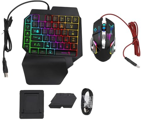 Fockety Gaming-Tastatur und -Maus-Kombination, 4-in-1-Einhand-Mobile-Mechanik-Feeling-Tastatur mit Regenbogen-LED-Hintergrundbeleuchtung und RGB-Gaming-Maus, Game-Tast