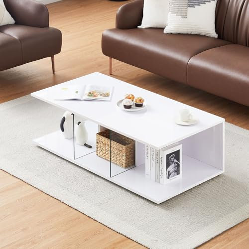 CLIPOP Couchtisch weiß Hochglanz Wohnzimmertisch, Beistelltisch Kaffeetisch mit Offenem Ausstellungsregal, Sofatisch modern für Wohnzimmer, 120x60x41.5 cm