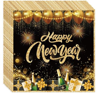Servietten Silvester, Silvester Deko, 20 Stück Silvester Servietten Happy New Year Servietten in Schwarz Gold Können für die Deko Silvester Party 2025 Tisch (Servietten Silvester)