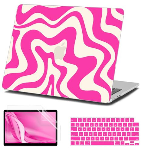 AKIT Compatible with MacBook Air 13.6 Inch Case 2025 2024 2022 M4/M3/M2 A3240/A2681/A3113, Unique Pattern Plastic Hard Shell Case&Screen Protector&Keyboard Cover for MacBook Air 13 Inch, Hot Pink Wave
