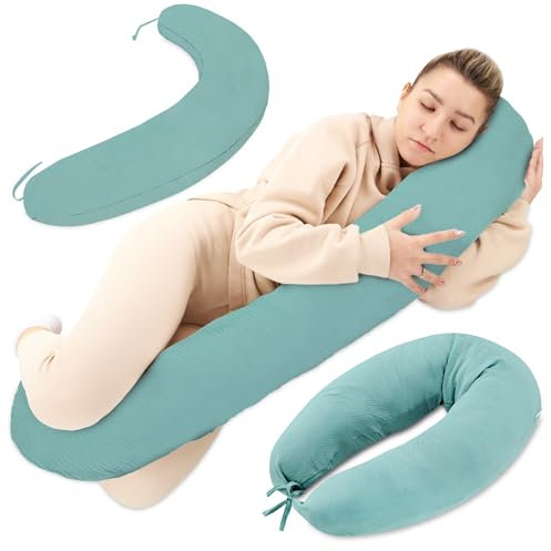 Stillkissen XXL Musselin Seitenschläferkissen Schwangerschaftskissen Lagerungskissen - Baumwolle Pregnancy Pillow Erwachsene - 190 cm Grün