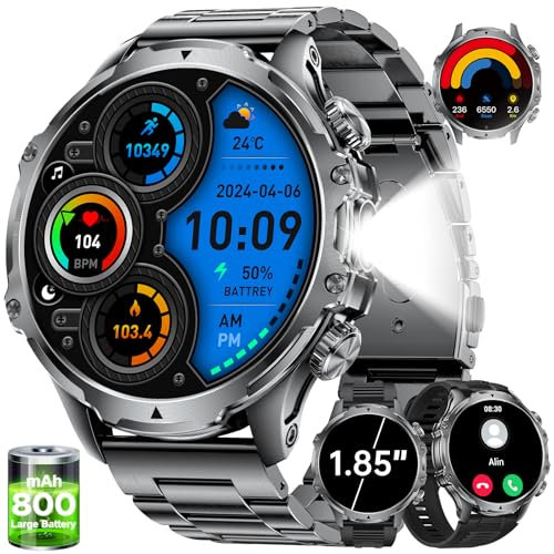 LIGE Montre Connectée Homme avec Écran HD de 1,85'' et Torche LED,800mAh,Smartwatch Homme avec Appel Bluetooth,IP68 Étanche 110+ Sportifs/Sommeil Moniteur,pour Android iOS