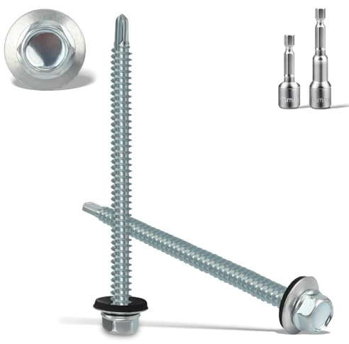 Vis Autoperforante 6.3x100MM 25 PCS pour Metal Bac Acier Toiture - Auto-Taraudeuses à Tête Hexagonale Avec Rondelle D'étanchéIté - 2 Douilles Hexagonales Incluses - Galvanisées, Argenté