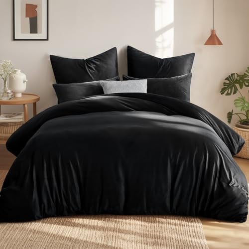Aisbo Winter Plüsch Bettwäsche 220x240 3teilig Schwarz - Flanell Flauschige Warme Bettbezug und 2 Kissenbezüge 80x80 cm, Teddy Fleece Samt Cashmere Touch Winterbettwäsche mit Reißverschluss