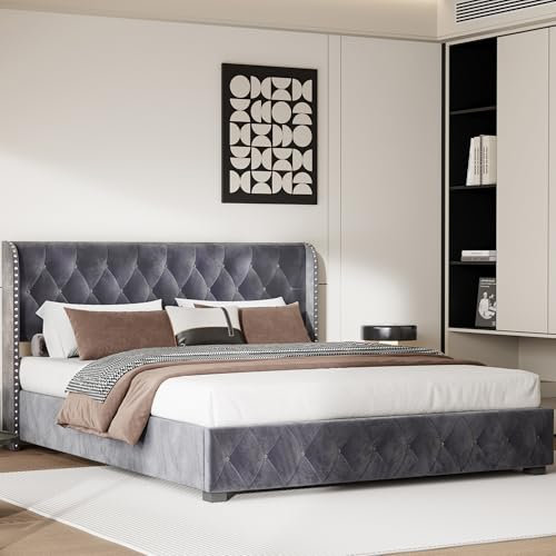 Polsterbett 160x200 cm, Hydraulisch Stauraumbett Funktionsbett mit Großer Stauraum, Modern Doppelbett mit Lattenrost - Chesterfield Steppung & Kopfteil - Bett Bettgestell, Einzelbett, Samt, Grau