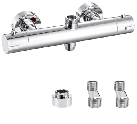 Grifo de ducha con termostato, 2 salidas, termostato de ducha, montaje en pared, grifo mezclador de ducha, termostato, superior 3/4 BSP + inferior 1/2 BSP, grifo con botón de seguridad de 38 °C