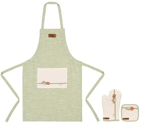 THUN Set presina, guantone, grembiule con scatola, 100% cotone, imbottitura 100% poliestere, fodera in tessuto TNT, Collezione Country Bloom, 19,5 x 19,5 cm