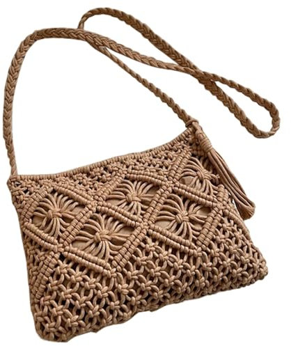 Borsa a tracolla intrecciata per donna 10x8x2 pollici borsa in corda di cotone con cerniera casual e alla moda stile boho per spiaggia colore cachi