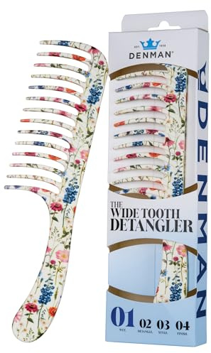 Denman Wide Tooth Detangling Comb – Curved Pin Comb for Detangling, Curl Defining & Smoothing - Wet Comb for All Hair Types, Women and Men, D28 Floral Fantasy