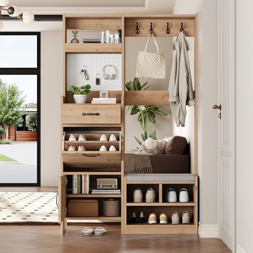 Lcoho Garderoben-Set, Wandgarderobe, Flurgarderobe Set mit Schuhbank, Garderoben Set mit 4 Kleiderhaken, 1 Schubladen und 2 Türen, Natural, B108.5 x T35 x H180 cm