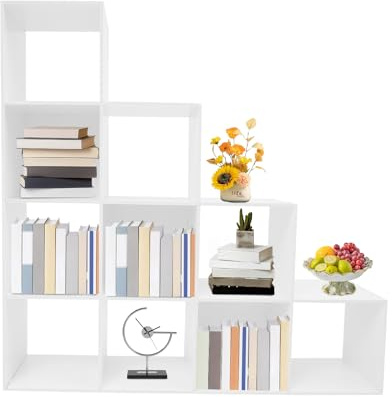 RUETERY Treppenregal Stufenregal, L-Form Eckregal Weiß, 100kg Tragkraft, 10 Fächer, Platzsparendes Bücherregal mit Rückwand, Modernes Raumteiler Regal für Wohnzimmer, Homeoffice