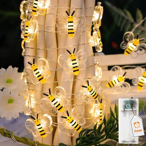 ALEGRE® LED Biene Lichterkette, 1M 10 Biene LED Lichterkette Batterie mit Timer, Bienen Deko Lichterketten Innen Außen, Lichterketten mit Timer für Kinderzimmer, Hochzeit, Garten, Frühling Deko
