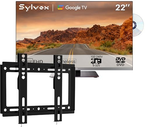 SYLVOX 22 Smart Google 12V TV per Camper & Supporto TV Regolabile | 1080P, Lettore DVD Integrato, Adattatore Televisori 12V, Triple Tuner DVB-T2/S2, USB, HDMI, Ideale per Roulotte, Caravans, Camion