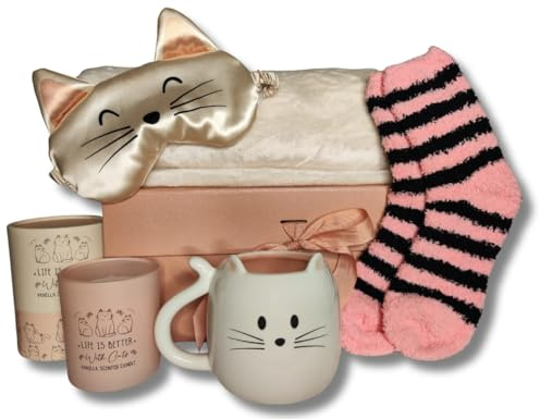 Elegant 6-Piece Cat Lover Gift Box for Women - Relaxation Hamper with Mug, Scented Candle, Plush Blanket, Satin Eyemask & Fluffy Socks in Rose Gold Gift Box - Birthday Gift Set for Her, Mum, Friend