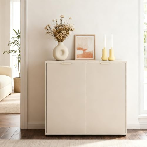 pamo Kommode mit Türen Sideboard Beige – 92 x 88 cm | Aufbewahrungsschrank mit Soft-Close & 2 Regalböden – Schlafzimmer Flur Wohnzimmer