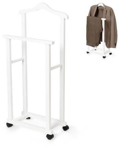Compactor ALFRED Indossatore Doppio in Bambù, Finitura Bianca, con 4 Ruote Piroettanti, Gruccia e Barra Portapantaloni, Appendiabiti da Camera, 42 × 20 × H98,5 cm