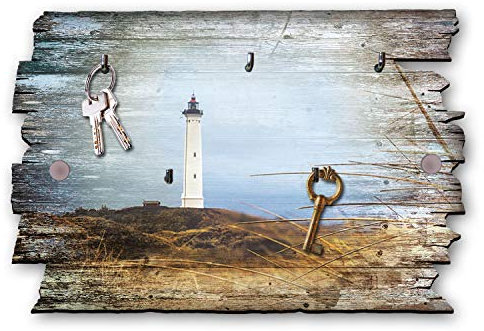 Kreative Feder Leuchtturm Designer Schlüsselbrett, Hakenleiste im Landhaus-Stil, Shabby-Chic aus Holz 30x20cm (Leuchtturm weiß)