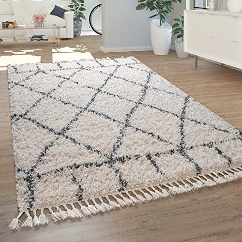 Paco Home Teppich Wohnzimmer, Schlafzimmer/Hochflor Shaggy in versch. Designs Farben und Größen, Grösse:200x290 cm, Farbe:Creme 12